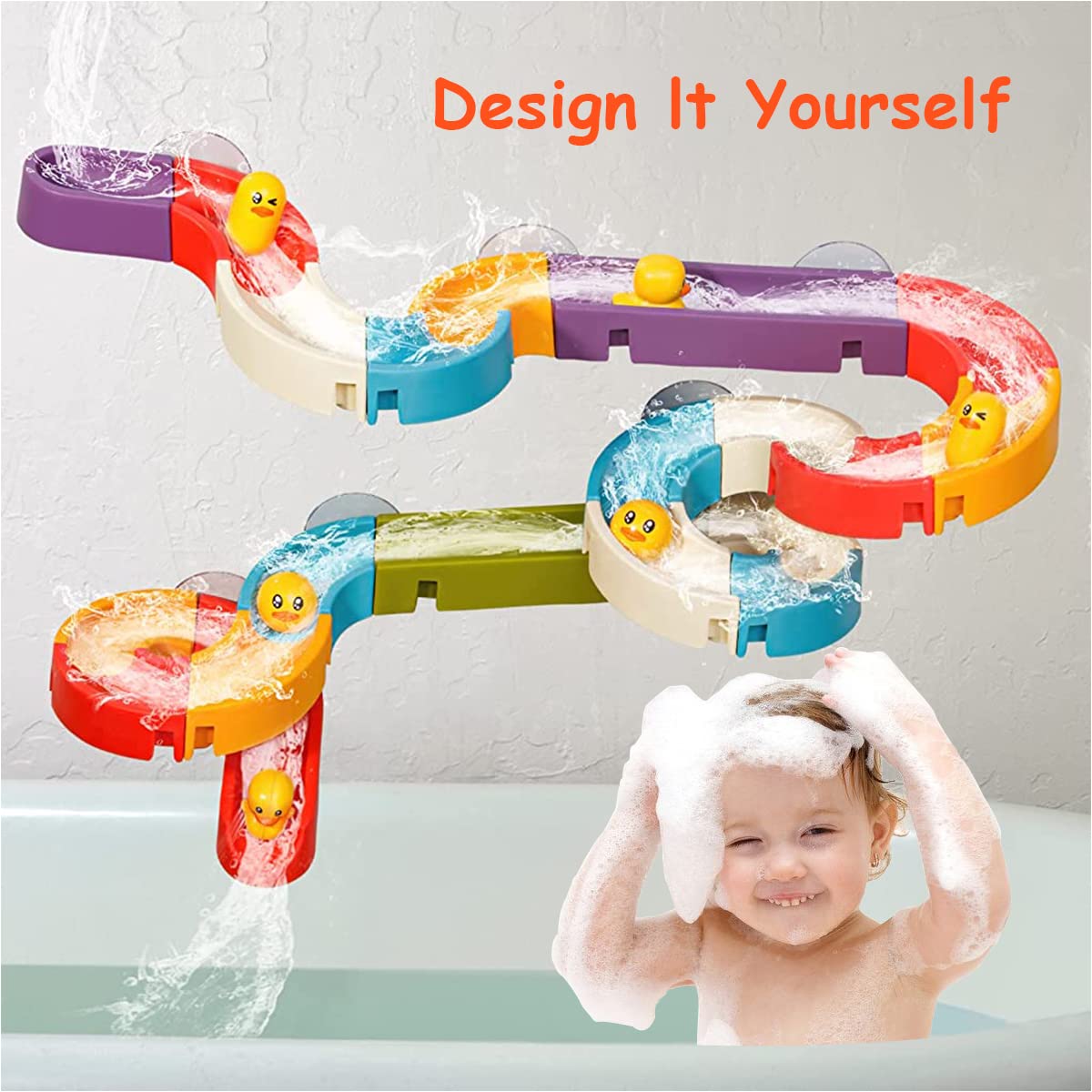 PATPAT Assembly Toy for Kids Color Sliding Rail Toy Water Sliding Toy with Mini Duck Toys Suction Cup Mounting Rail Toy Sensory Toy DIY Bath Toy for Kids Age 3+ Birthday Gift, Children's Day Gift