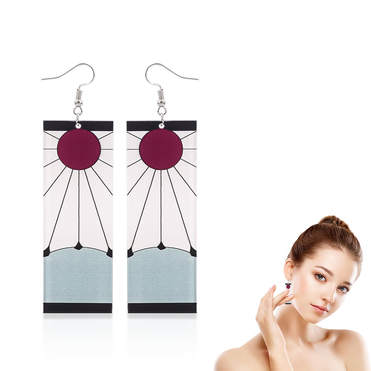 SANNIDHI Anime Cosplay Earrings for Women Fashion Acrylic Kamado Tanjiro Hanafuda Drop Earrings, Kimetsu No Yaiba Hanafuda Party Dangle Earrings for Girls Gift