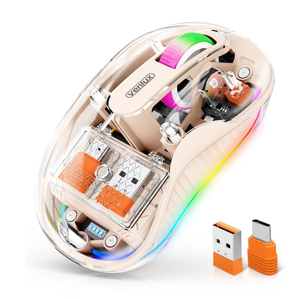 Verilux Wireless Mouse, Transparent Rechargeable Bluetooth Mouse, Wireless Gaming Mouse with 2.4G & 3.0BT & 5.0BT, 4 Gears Adjustable DPI Design Wireless Mouse for Laptops/Mac/PC/iPad-Pink