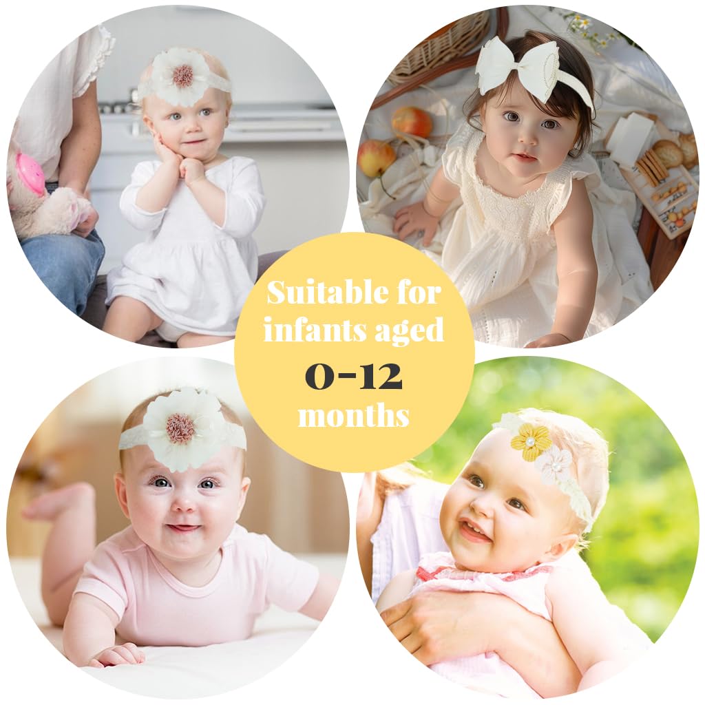 PALAY 3pcs Bow Hairband for Baby Girl, Lace Flower Headband for Baby Girl, Cute Elastic Newborn Hairband Hair Accessories for Baby Girl Toddlers Gifts