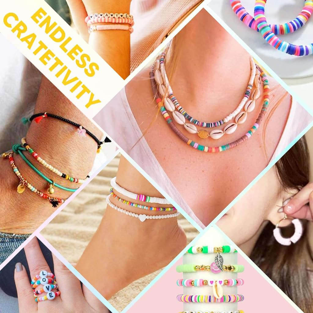 SANNIDHI 6000Pcs Clay Beads for Bracelet Making 24 Color Flat Polymer Beads Letter Beads for Jewellery Making Kit, Heart Smile Face Gold Beads with Charms and Tools Set for Girls Women DIY Crafts