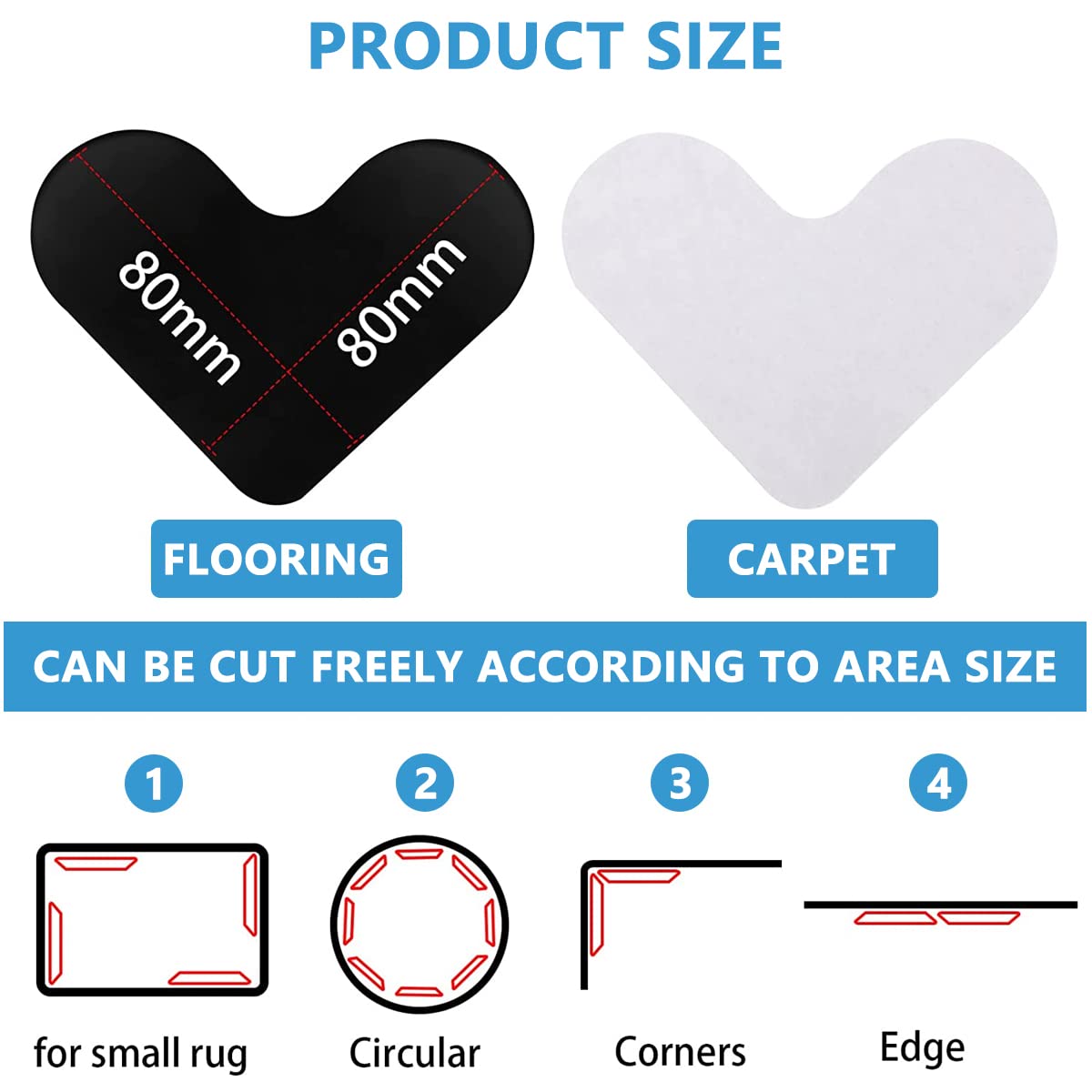 HASTHIP 12PCS Rug Corner Grippers, Double Sided Non Slip Reusable Rug Stopper, Washable Rug Tape for Hardwood Floors, Rug Gripper Stopper Rug Pad for Doormat, Carpet, Tapestry, Table Cloth, Heart