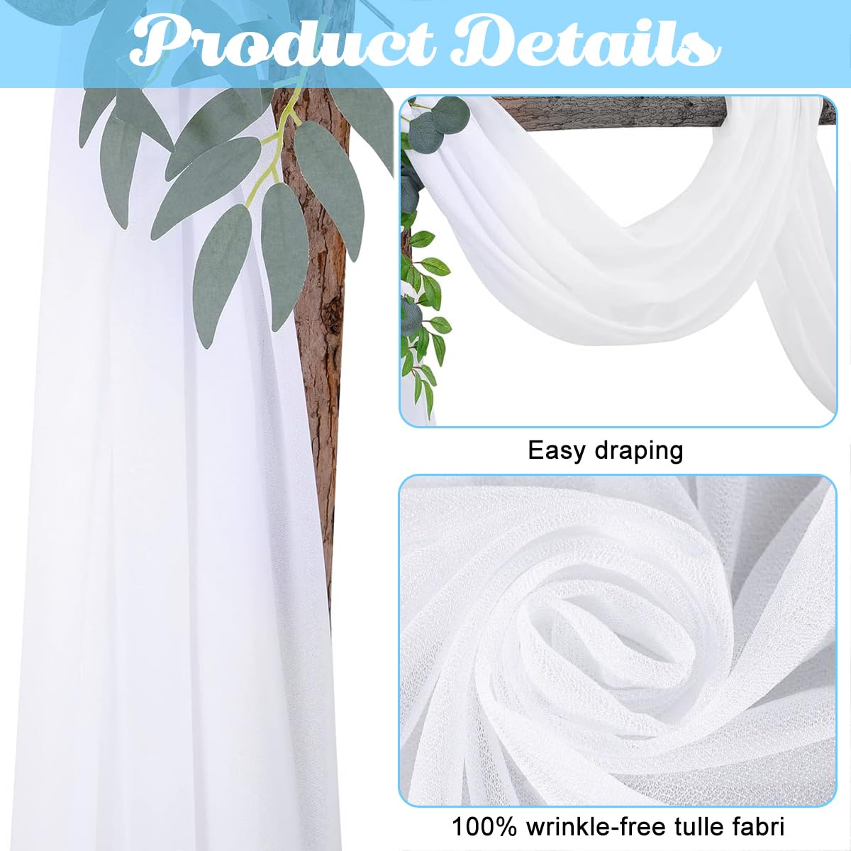 SNOWIE SOFT Wedding Arch Draping Fabric, White Wedding Arch Drapes Sheer Backdrop Curtain with 2 ribbons for Wedding Ceremony Party Ceiling Decor Dreamy Pearl Chiffon Wedding Backdrop For Decoration