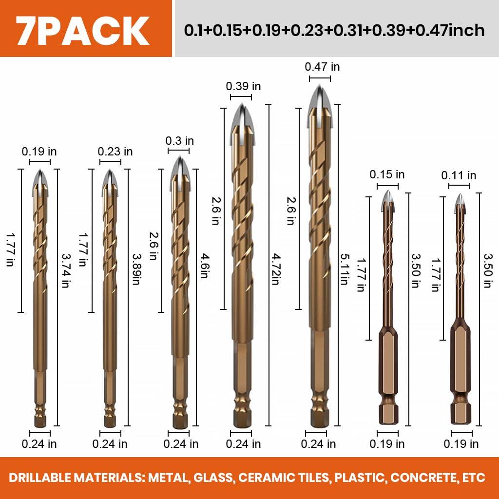 Serplex 7pcs Drill Bit Set Alloy Steel Drill Bits 3mm to 12mm Hex Shank Drill Bits High Impact Power Drill Carbide Tips Concrete Drill Bit Set for Glass, Tile, Brick, Cement, Concrete, Plastic, Wood