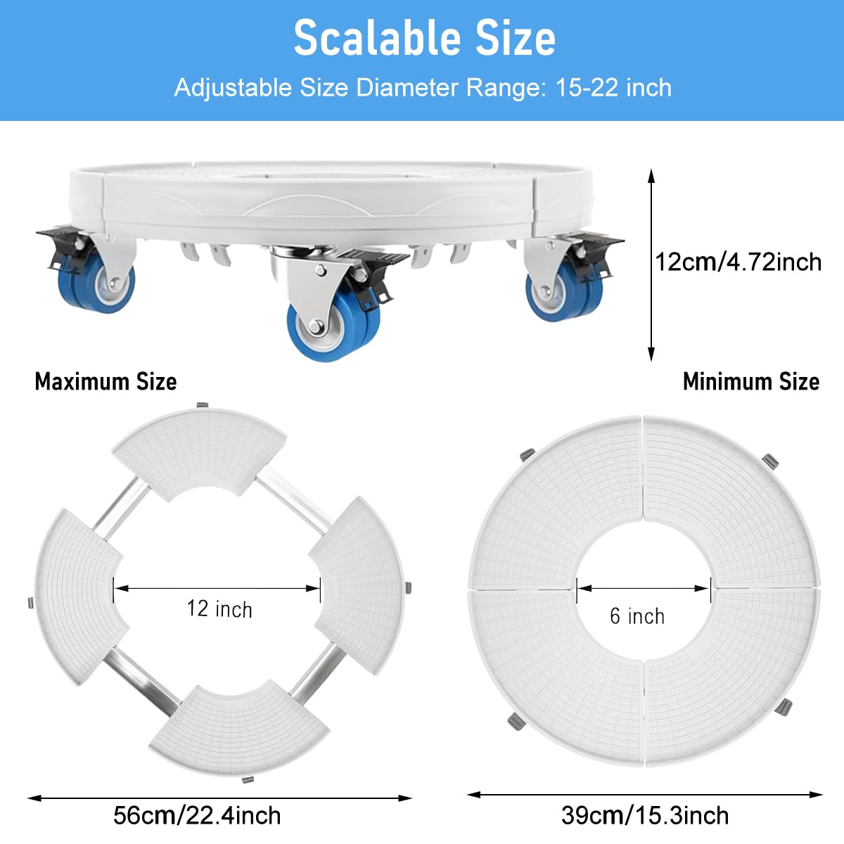 Serplex® Caster Wheel Round Tray 4-Wheel Mobile Large Plant Pot Stand Gas Bottle Mobile Stand with Brakers 15-20 inches Dia Adjustable Round Mobile Stand Tray for Flower Pot, Small Furniture, Gas Tank
