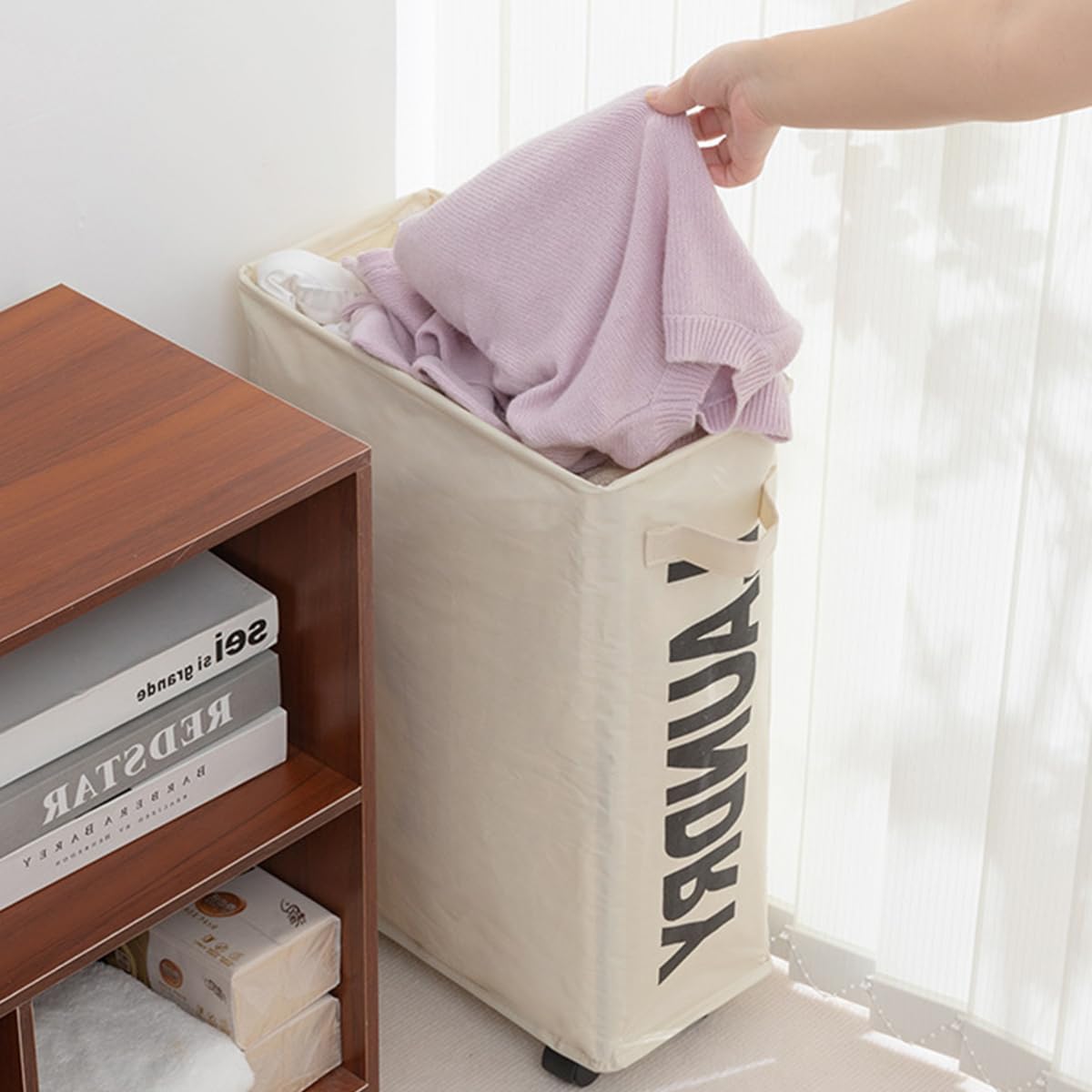 HASTHIP Laundry Basket with Wheels, Heavy Duty Laundry Hamper for Dirty Clothes, Collapsible Laundry Basket with Side Pouches, Drawstring Mesh Liner for Small Apartments, Dorms, Yoga Mats