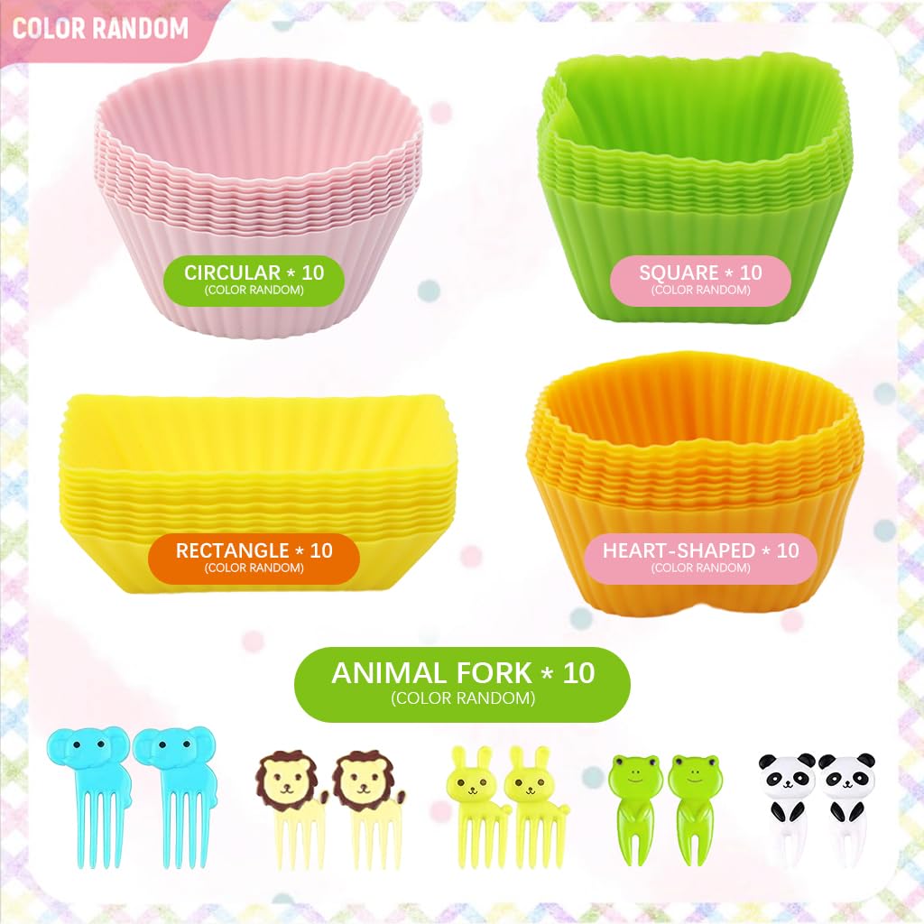 HASTHIP 40pcs Silicone Cupcake Mold Liners & 10Pcs Cartoon Kids Fruit Forks, 4 Shapes Creative Reuseable Cupcake Liners Food Grade Heat Resistant Silicone Cupcake Mold Liners
