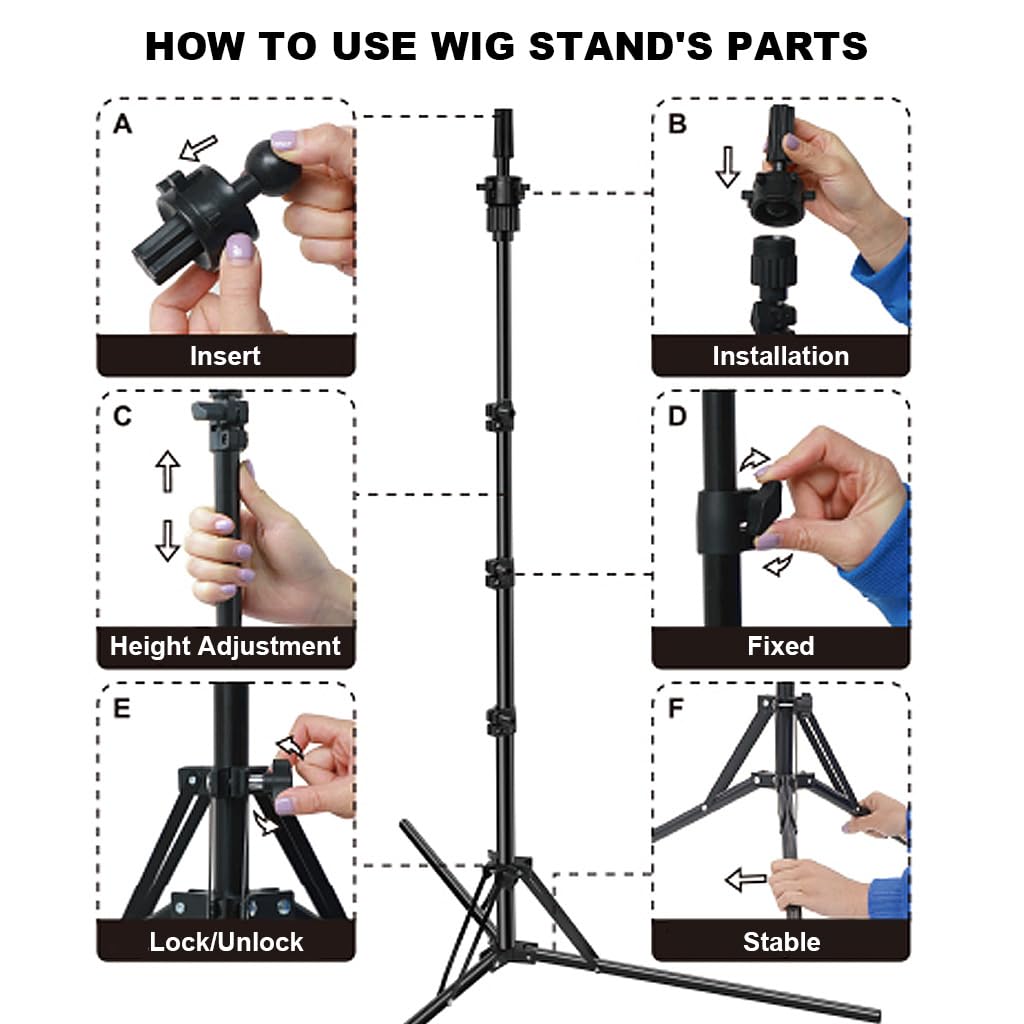 MAYCREATE Wig Stand Tripod, Adjustable Metal Mannequin Head Stand Holder, Upgrade Foldable Wig Head Stand for Cosmetology Hairdressing Training (17-56inch)