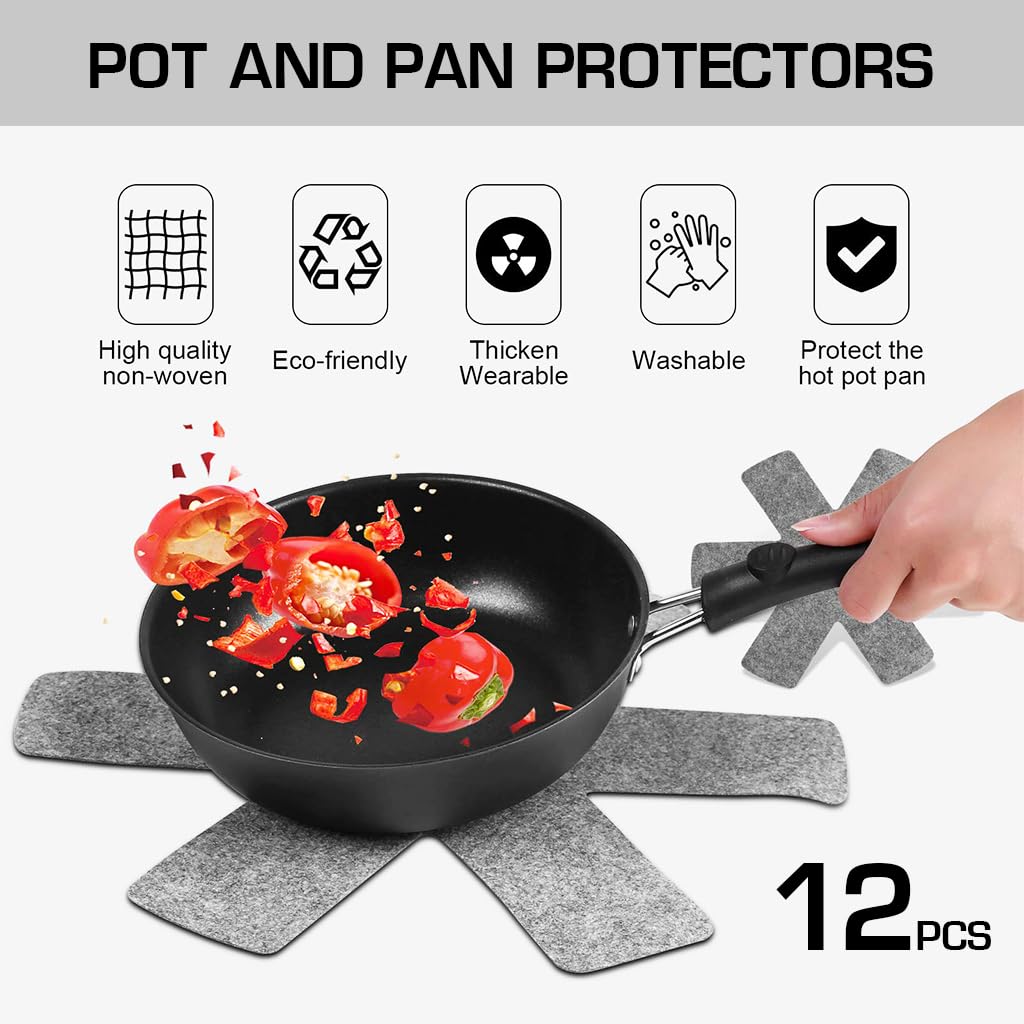 HASTHIP 12Pcs Pot Protectors 3 Sizes Universal Pots Pans Felt Lining Protectors 2mm Thickness Non-Woven Fabric Cookware Pads Multi Purpose Reuseable Stacking Anti-Scratch Pads Table Protectors