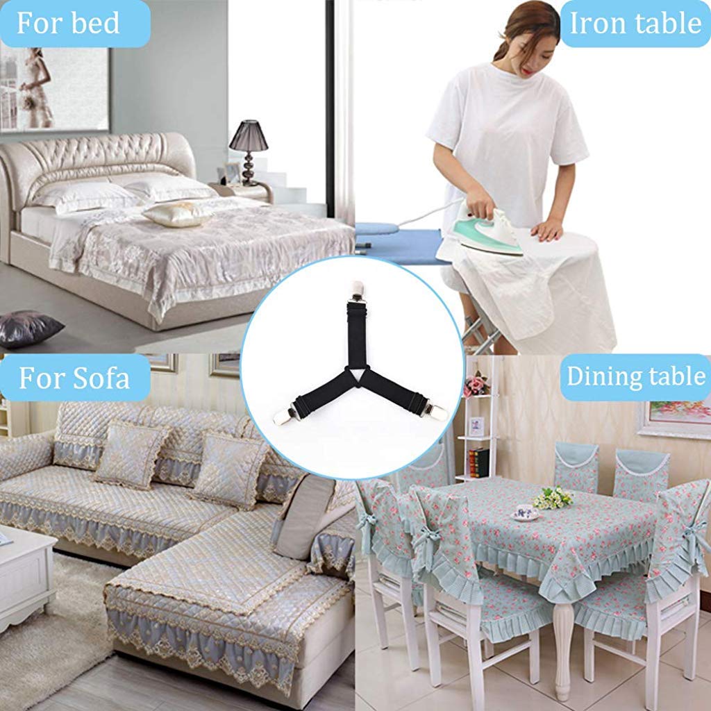 HASTHIP® Adjustable Bed Sheet Holder Straps 3 Way Mattress Cover Fasteners Keeper Heavy Duty Grippers Clips Triangle 4pc/Set Free Size Black 12 PCS
