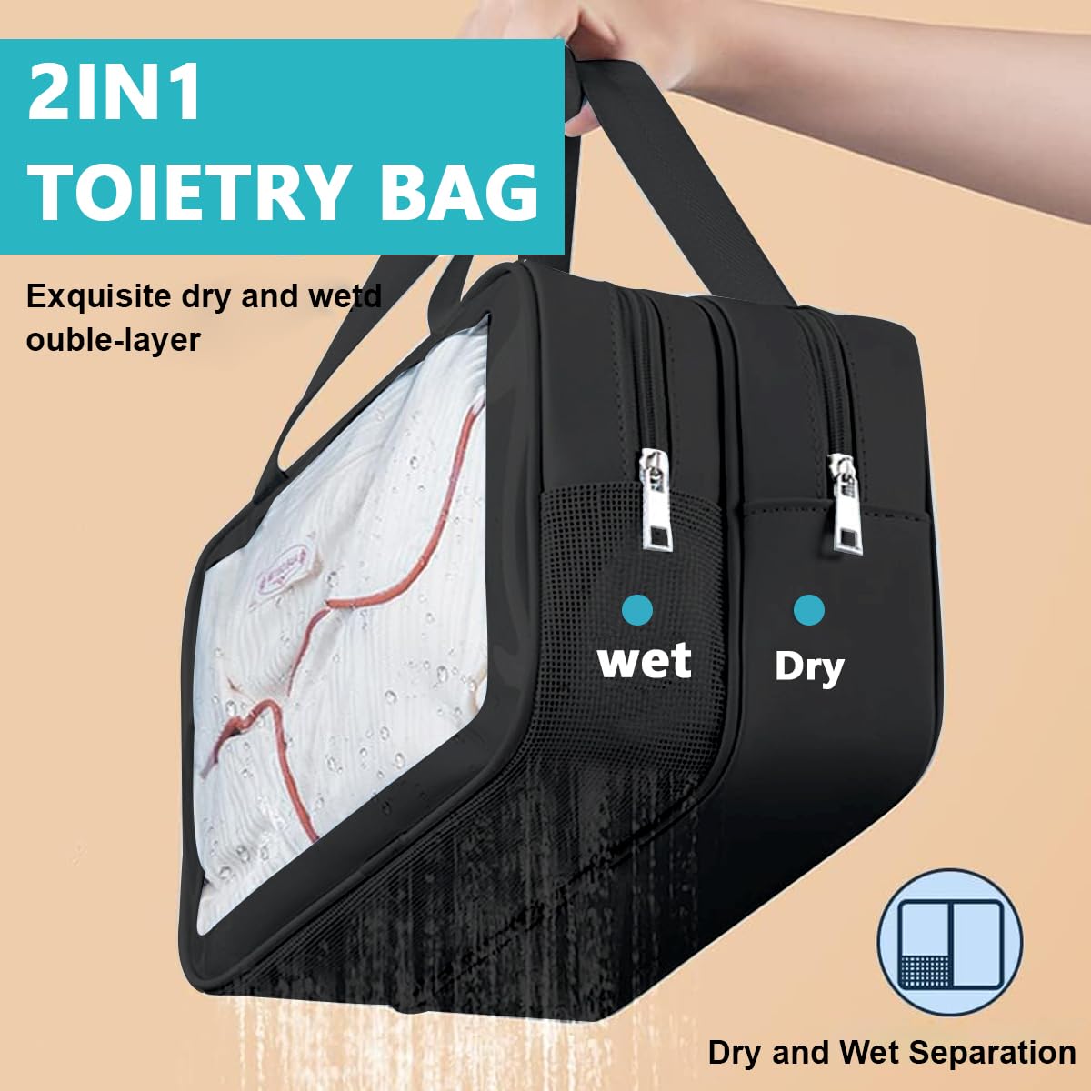 MAYCREATE Travel Toiletry Bag, Large Clear Makeup Bags, 2 in 1 Cosmetics Bag with Zipper Handle, Translucent Waterproof and Draining Travel Accessories Bag, Black