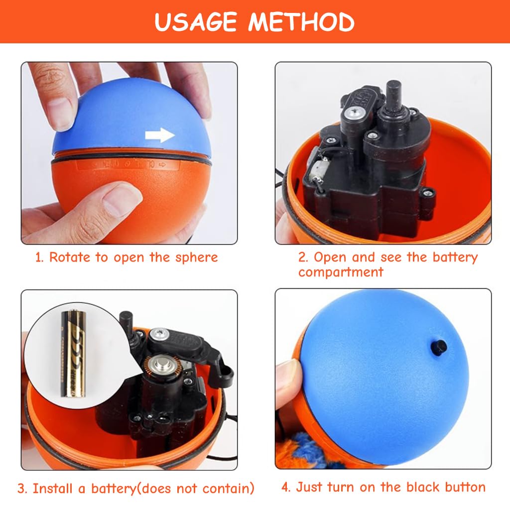 Qpets Cat Ball Toy, Cats Teasing Toy Ball Cat Chasing Chew Ball Toy with Feather Tail, Electric Random Turn Grinding Toy Indoor Self-Entertainment Cat Toy(Not Included Battery)