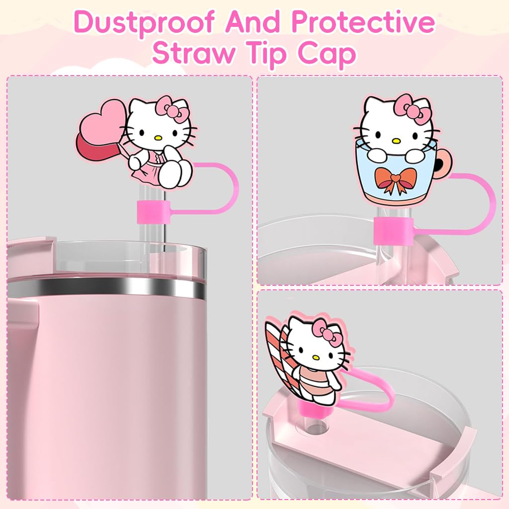 HASTHIP 6PCS Cartoon Straw Covers Cap for Tumblers Cup, 10mm Cartoon Pink Hello Kitty Straw Topper, Reusable Dust-Proof Drinking Straw Toppers for 10mm Straws