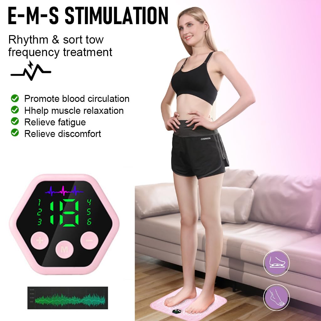 HANNEA Foot Massager for Pain Relief, EMS Foot Massage Pad, Electric Portable Wireless Rechargeable Massager Pad with 6 Modes, 19 Strength Levels (Black)