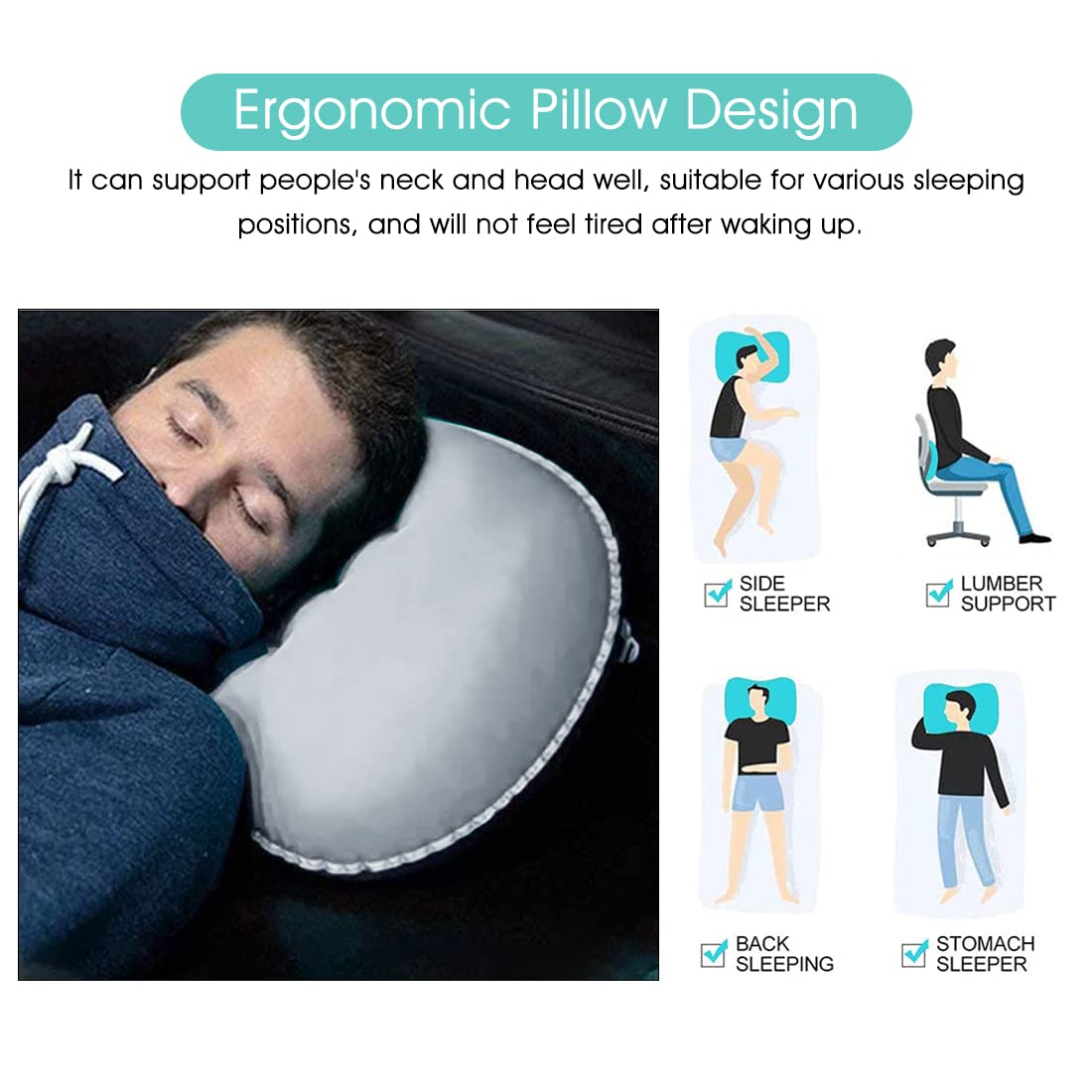 PALAY Ultralight Inflating Air Pillow, Inflatable Travel Pillow, Air Neck Pillow Lightweight Stay Cool Fabric Self Pump Up, Navy Blue