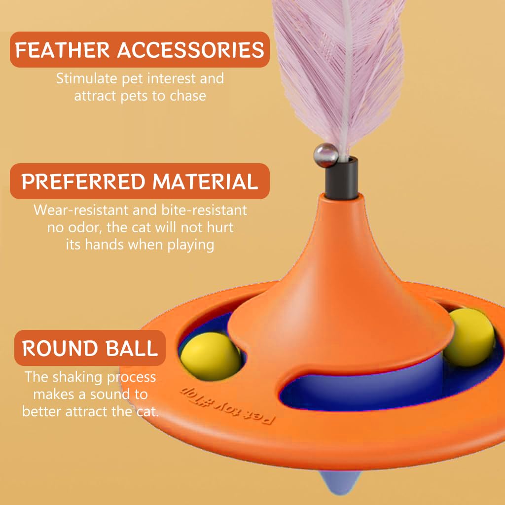 Qpets Cat Toys for Kids, Interactive Cat Toys for Persian Cat, Cat Toy for Indoor Cats Feather Teasing Toy, Rotatable Spinning Top Cat Turntable Toy with Suction Cup & Hanging Feather