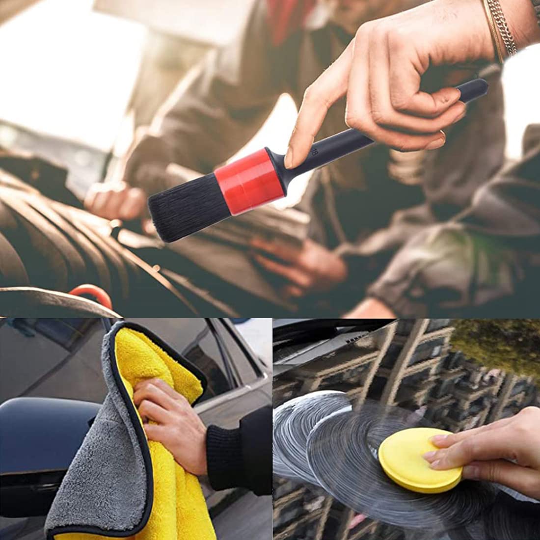 ELEPHANTBOAT 11 Pcs Car Cleaning Brush Set with 5 Pcs Different Size Detail Car Brushs,3 Pcs Wire Brushes,1Pcs Wash Towel,1Pcs Wax Applicator Pads,1Pcs Air Vents Cleaning Brush