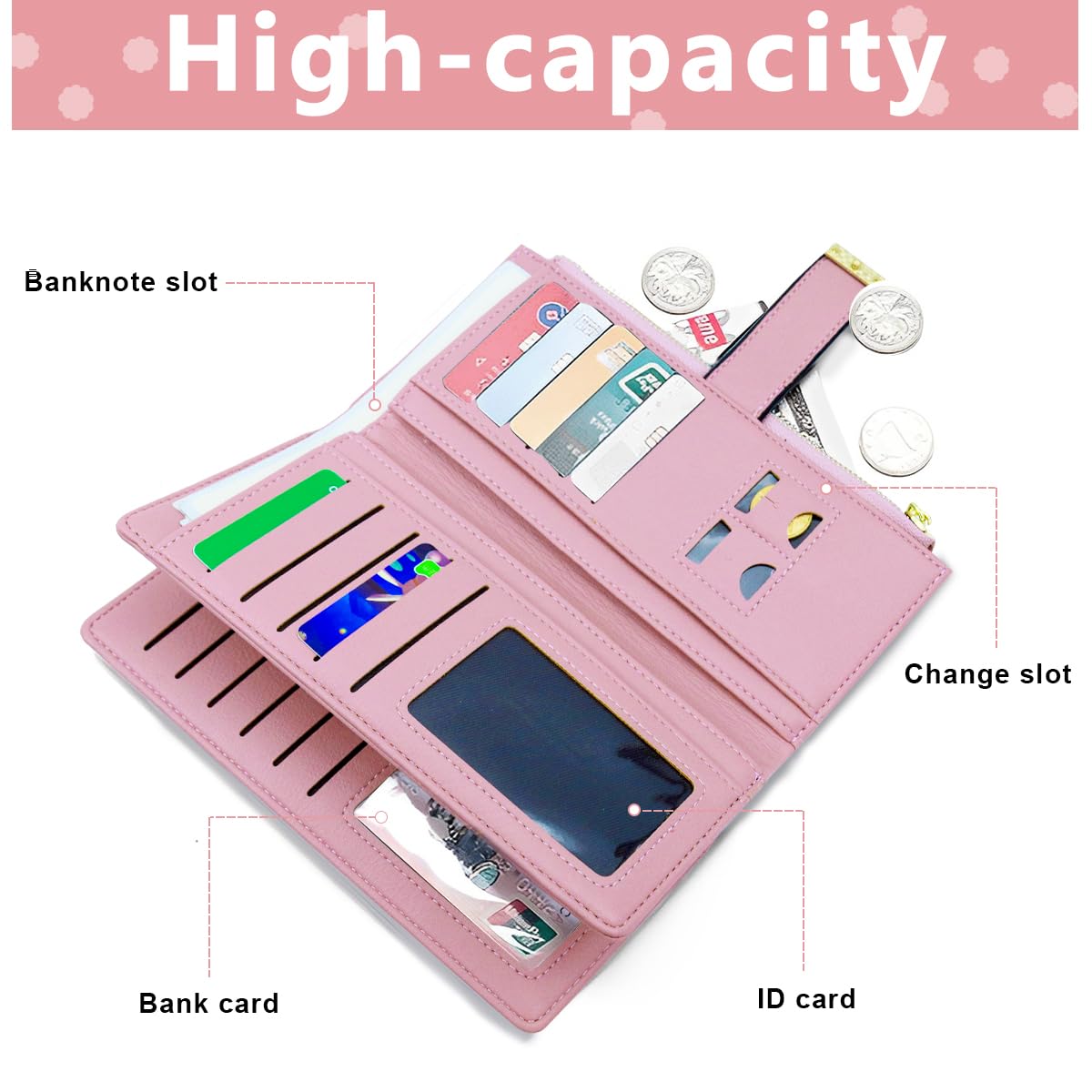 PALAY Women Purse PU Leather Long Wallet for Women RFID Card Bag Four Leaf Clover Embossing Fashion Women Wallet Cluntch Bag Gift for Women (Pink)