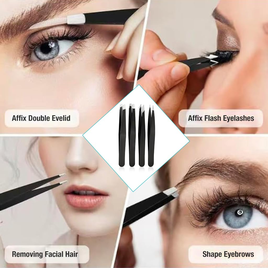 ZIBUYU Stainless Steel Eyebrow Grooming Kit with Storage Pouch Set of 4Pcs Eyebrow Tweezers Slant-Tip/Point-Tip/Flat-Tip Eyebrow Tweezer Set