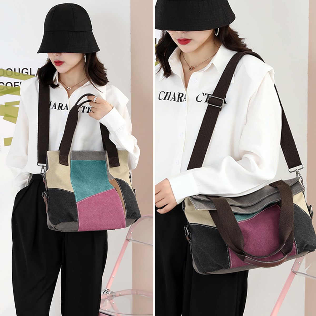 PALAY Canvas Tote Shoulder Bag Handbag for Women Fashion Patches Style Tote Bag with Detachable Shoulder Strap Large Canvas Tote Bag for Daily Work Bag for Women