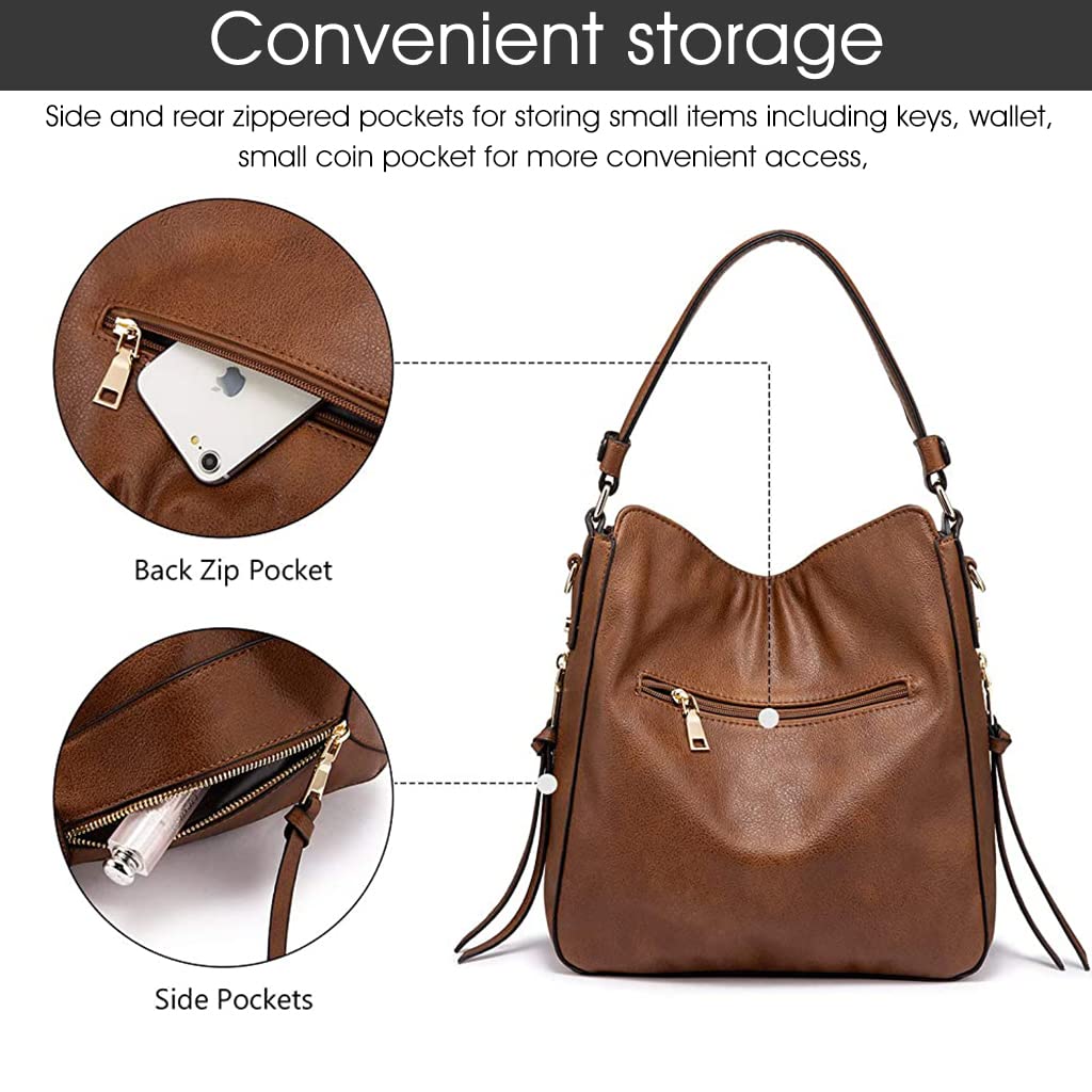 ZIBUYU Tote Handbag for Women Fashion Faux Leather Tote Bag Classic Shoulder Crossbody Bags for Lady Girl Solid Color Brown