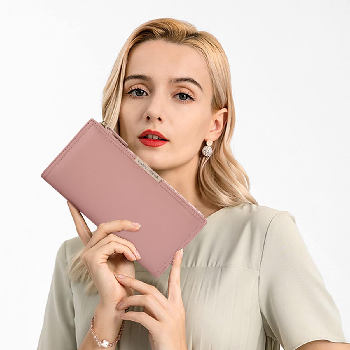 PALAY Wallet For Women Sleek Pink Women Purse Card Holder Card Bag Bifold Long Purse with Zipper Pouch Gift for Women Mother's Day Gift