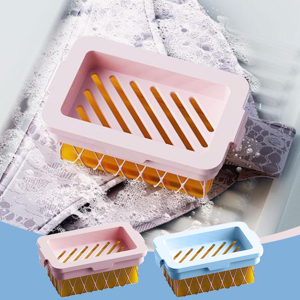 HASTHIP 2Pcs Soap Holder with Bubble Net 2 in 1 Sope Saver Box with Flexible Bubble Net Soap Drain Box Plastic Soap Saver Hand Sope Holder for Kitchen, Bathroom