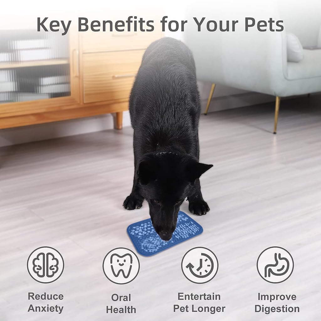 Qpets Lick Pad for Dog Cat, Food-Grade Silicone Dog Food Mat Slow Feeding Mat for Wet Food, Peanut Butter, Rectangular Lick Pad with 4 Patterns, Perfect Use During Training, Bathing, Grooming