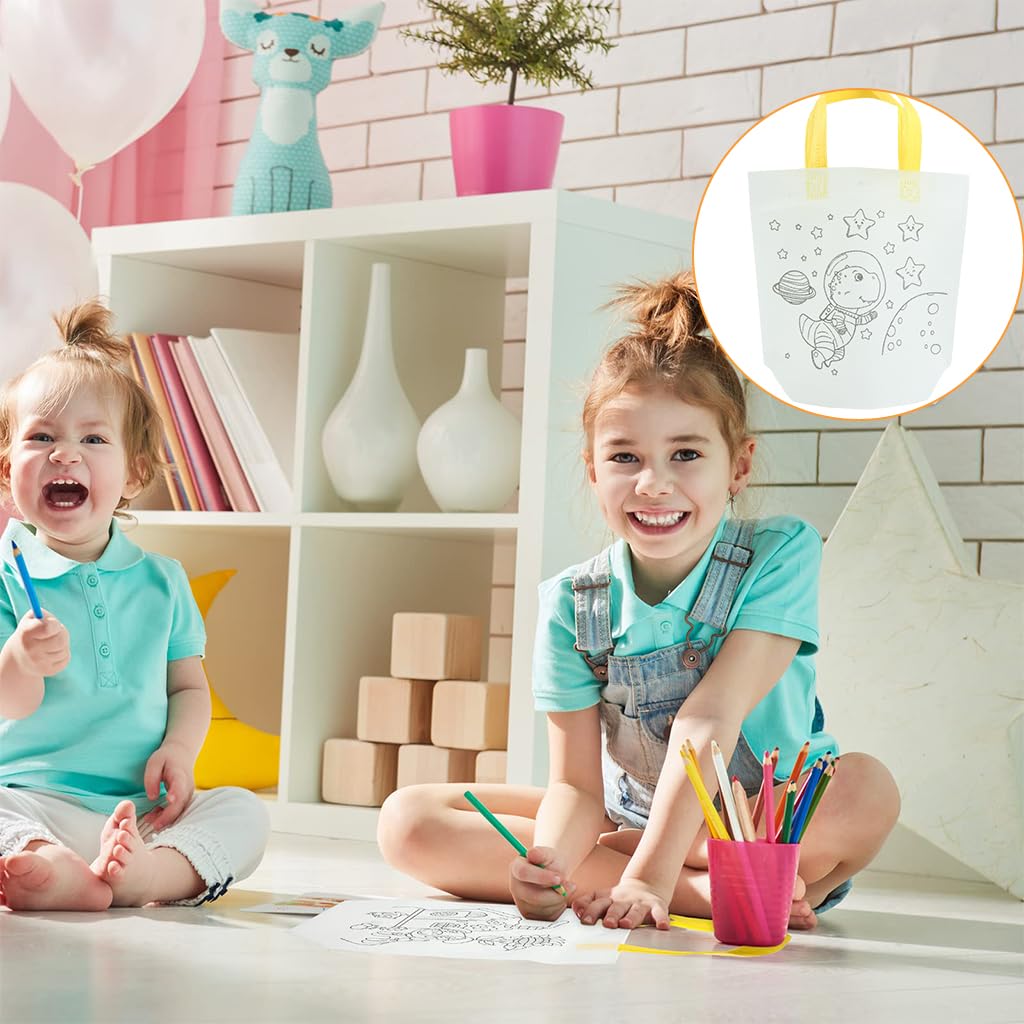 HASTHIP DIY Painting Bags for Kids Set of 12Pcs Non-woven Pre-outlined Cartoon Doodle Hand Bag Coloring Craft Kit Kids Reuseable DIY Coloring Handbags