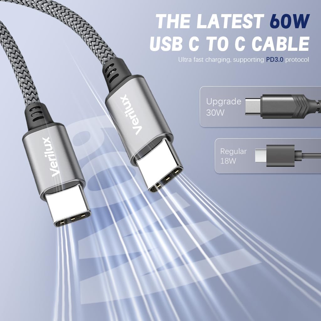Verilux 60W USB C to USB C Fast Charging Cable 480Mbps Data Transfer 9.8Ft Nylon Braided Cable For Computer, Smartphone