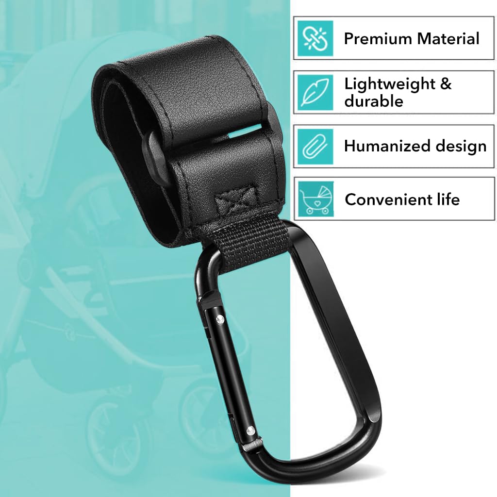 SNOWIE SOFT 2Pcs Hanging Hook for Pram Stroller Hanging Clip Adjustable PU Leather Pram Clip with Quick Release Carabiner Design Universal Attaching Buckle for Stroller, Bike, Pram, Pushchair