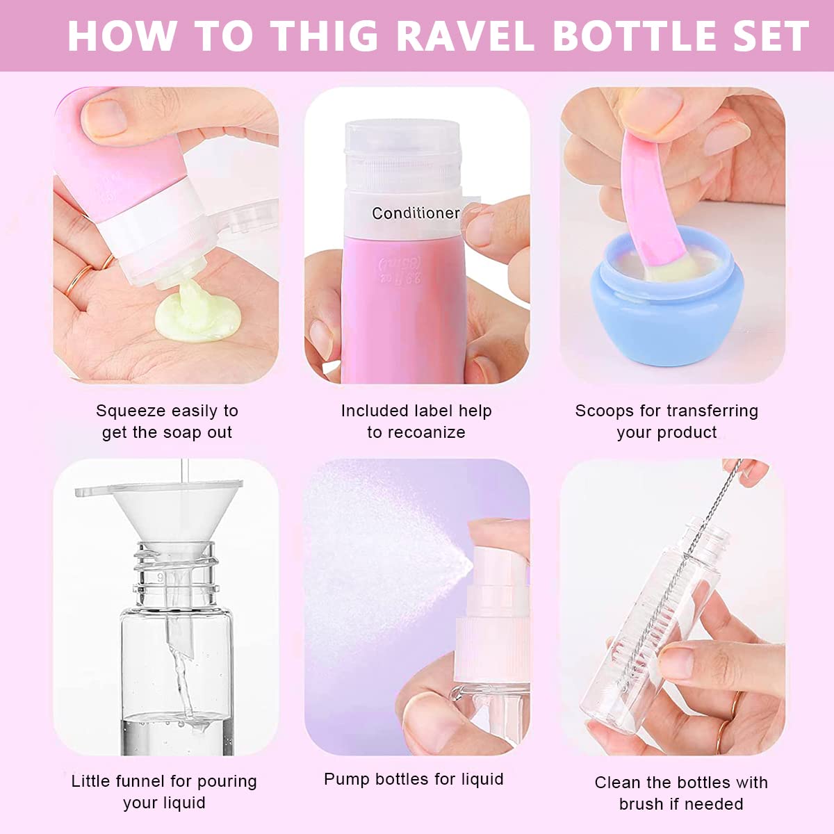 MAYCREATE Set of 14 Travel Bottles for Toiletries, Leak Proof Silicone Squeezable Container Spray Bottle for Shampoo, Gel, Cream Jars, Lotion Dispenser -with Applicator, Funnel, Clean Brush Set