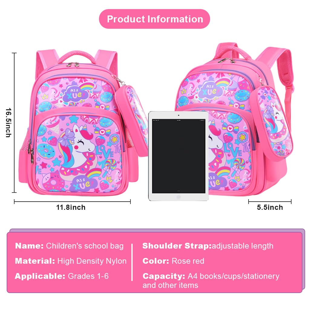 PALAY School Backpack Pencil Pouch Pink Unicorn Print School Backpack for Schoolgirls, Waterproof Backpack for School, Travel, Camping Burden-relief Backpack School Gift for Kids 6-8Years Old