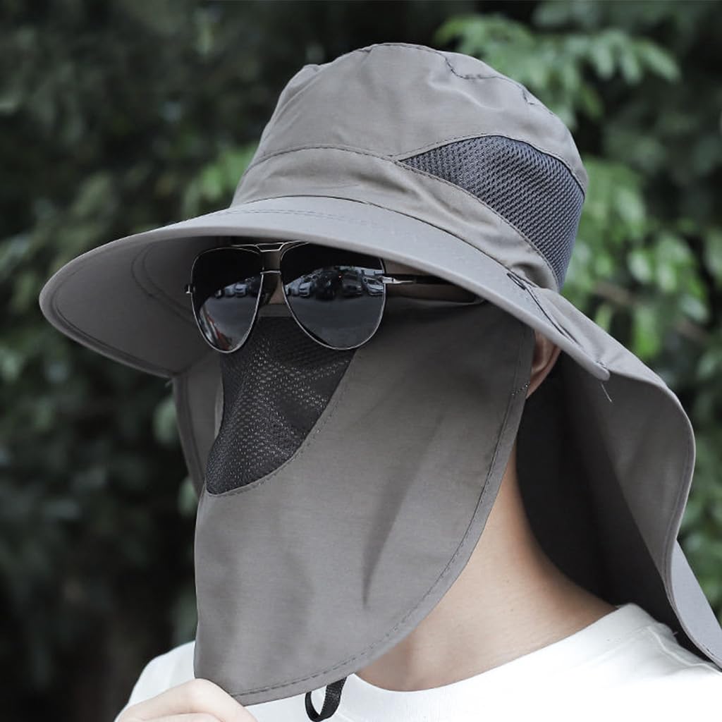 GUSTAVE Wide Brim Hat 360 Degree UV-Protection Sun Hat with Neck Flap & Removable Face Cover Outdoor Unisex Sun Hat with Chin Strap, Breathable Sun Hat for Hiking, Fishing, Gardening