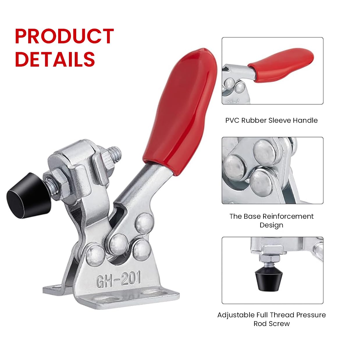 HASTHIP 4 Pcs Hold Down Toggle Clamps 201, Carpenter Tools Small Quick Release Horizontal Toggle Clamp Holding Capacity 60 lbs/27kg, Woodworking Latch Anti-slip Red Grip Hold Down Hand Tool