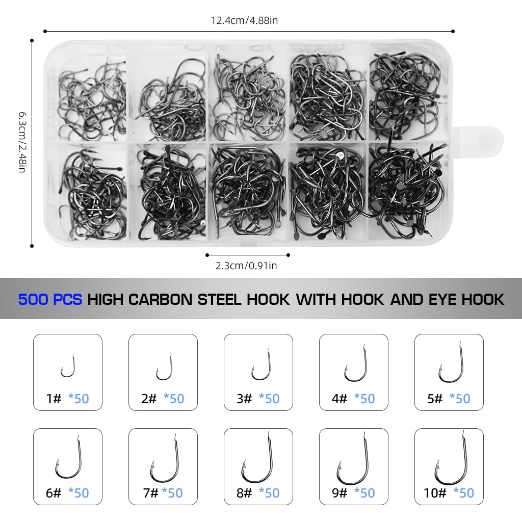 ZIBUYU 500Pcs Fishing Hooks Set 10 Sizes Fishing Hooks High Carbon Steel Fishing Hooks Barbed Hooks Ringed Eye Fishing Hooks