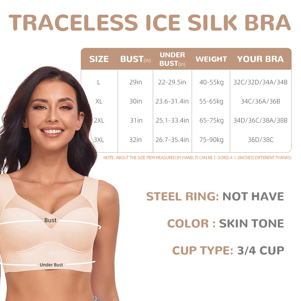 PALAY Seamless Bra Women Bralette Bra Push-Up Bralette Bra Seamless Ice Silk Women Bra Breathable Cool Summer Bralette Full Cup Bras, L