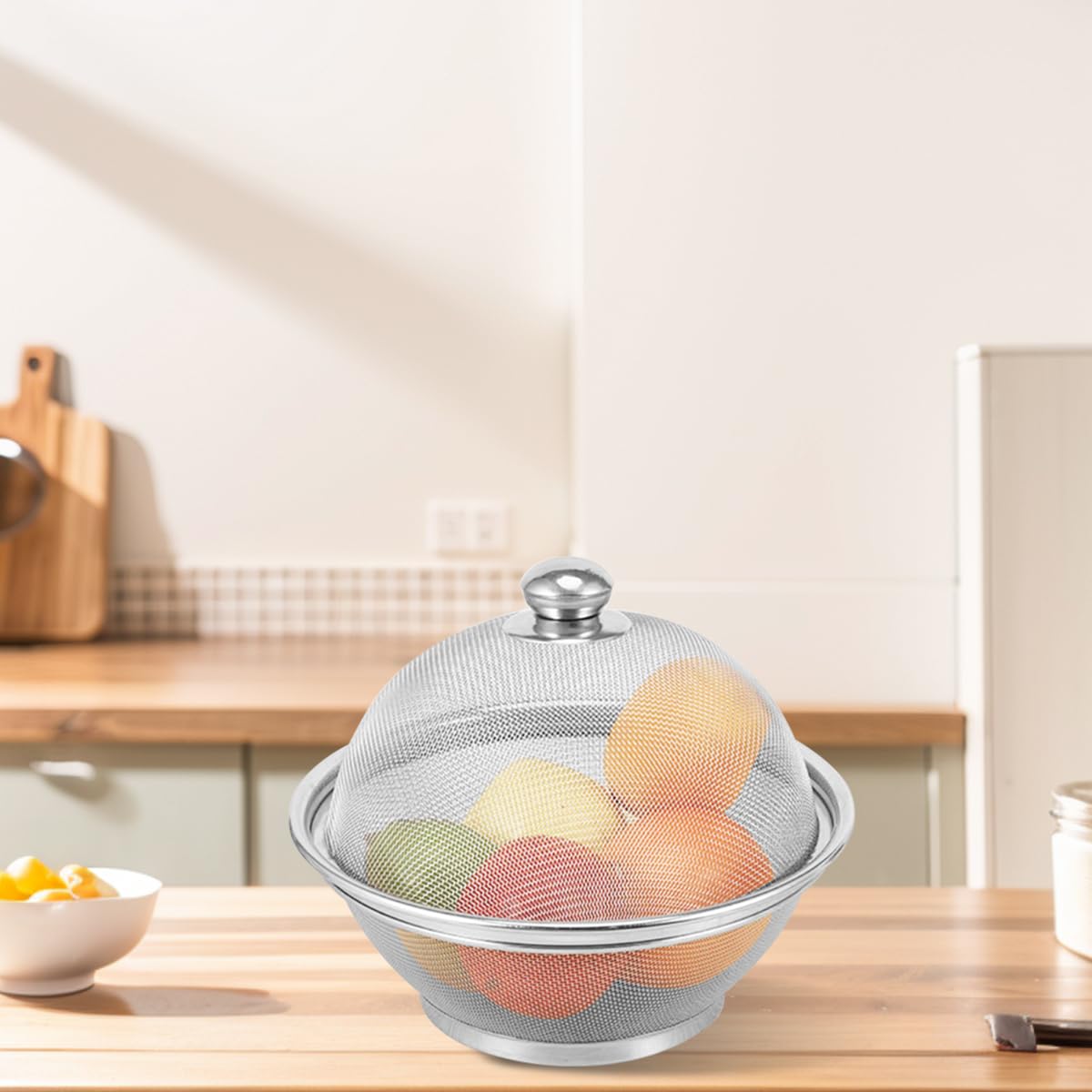 HASTHIP 2Pcs Fruit Basket for Dining Table Large 25cm/28cm Stainless Steel Fruit Basket with Lid Net Cover Protective Fruits Vegetables Food Storage Strainer Basket for Kitchen, Home, Dining