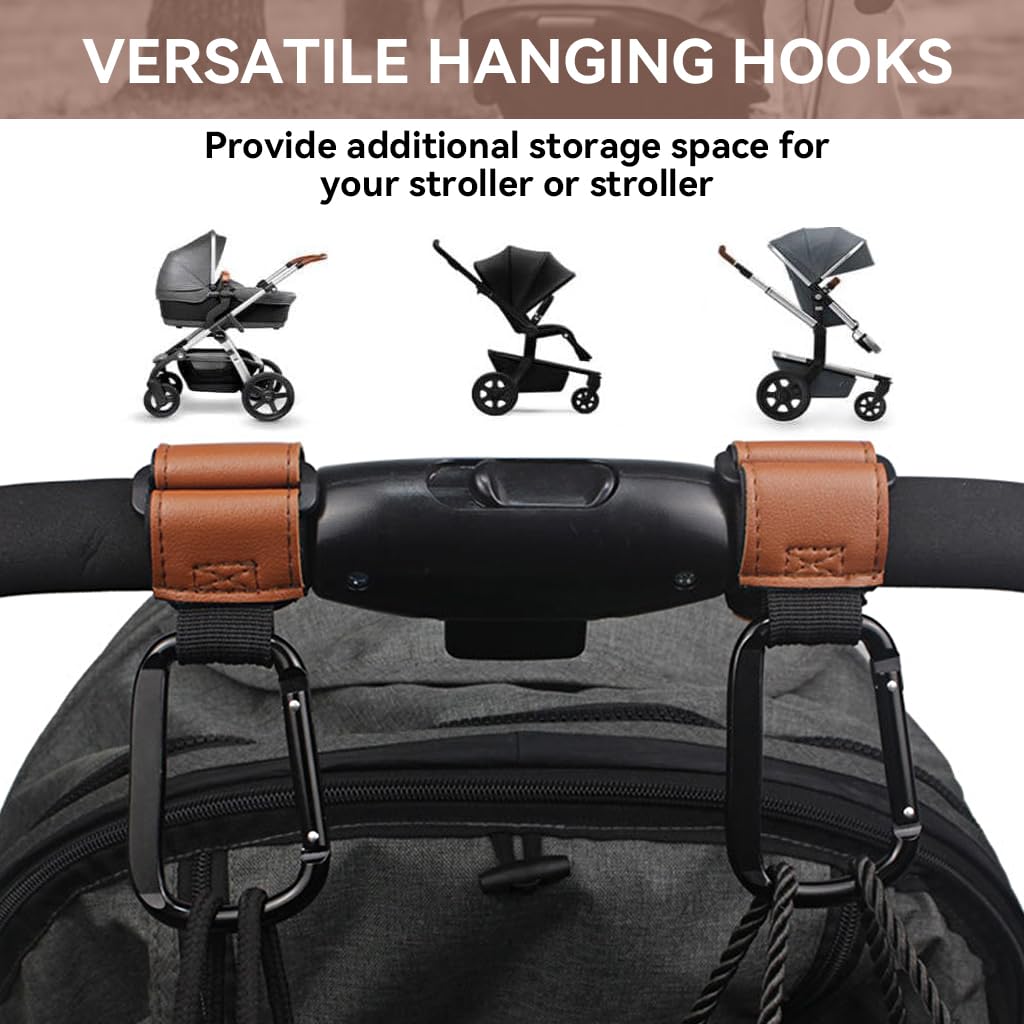 SNOWIE SOFT 2Pcs Stroller Hooks Quick Release Handle Bar Carabiners for Hanging Items Adjustable Hook and Loop Closure Leather Stroller Hooks Bag Hanging Hooks for Stroller, Pram, Pushchair