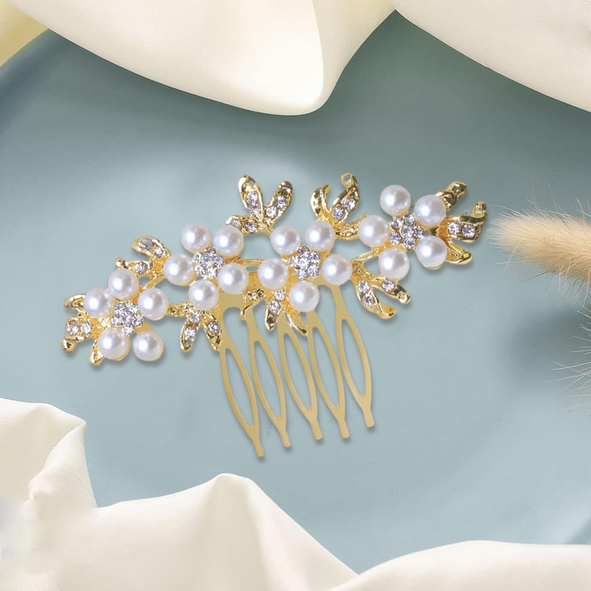 SANNIDHI Hair Clips for Women Pearl Side Comb Clip Flower Hair Pins for Women Girls Elegant 3in Bridal Comb Clips for Hair Bun Accessories for Wedding, Party, Dating