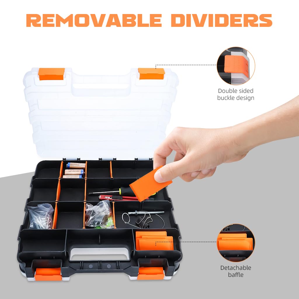 Serplex Accessories Tool Storage Case Double Side 34 Divided Compartments Transparent Accessories Organizer Box with Lock Portable Accessories Tool Box Suitcase for Screws, Bolts, Nails, Beads
