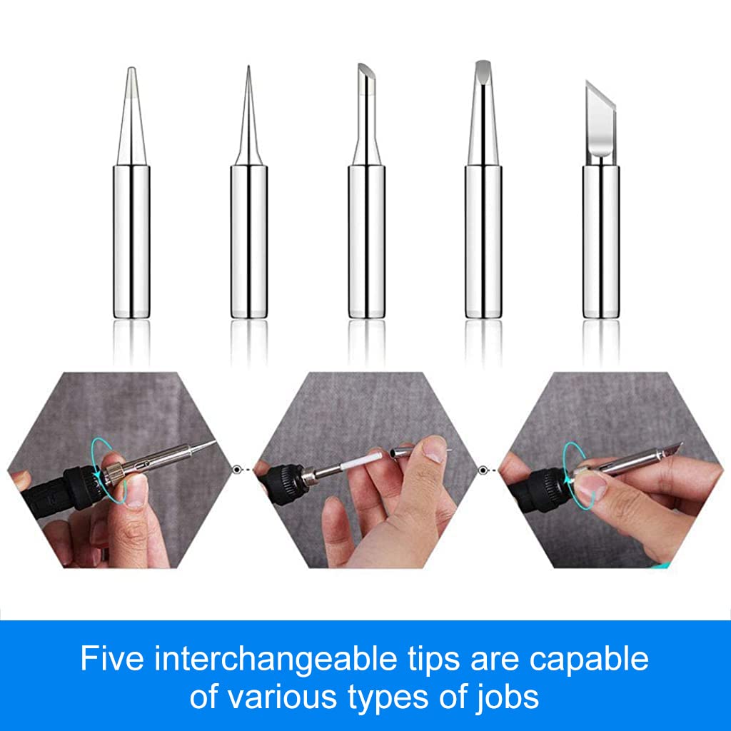 Serplex Soldering Iron Kit, 110V 60W Adjustable Temperature Soldering Kit Electric Soldering Kit Set Welding Tools with 5pcs Different Tips, Stand, Tweezers, Sponge, Flux Pen, Soldering Wire (11Pcs)