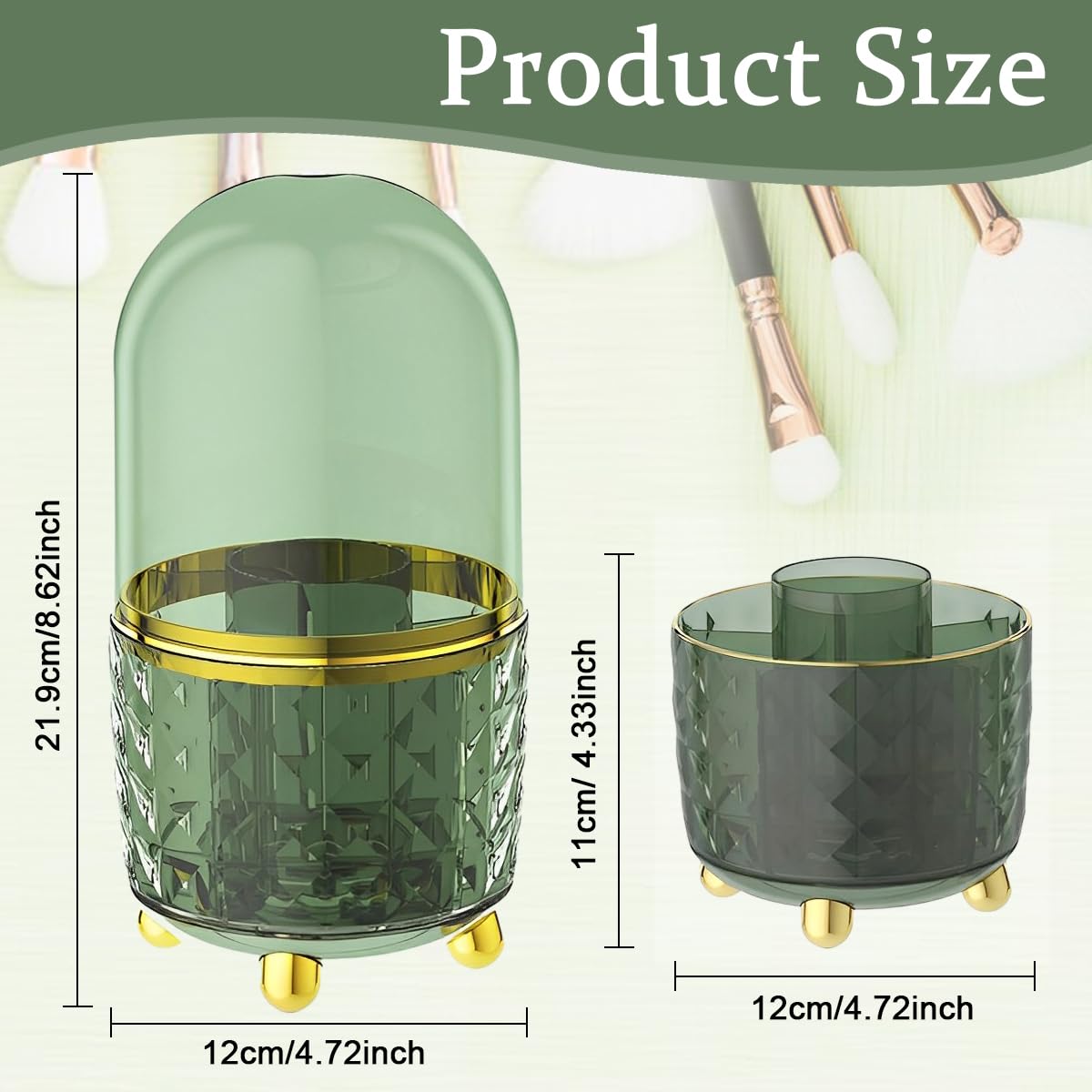 MAYCREATE Makeup Brush Holder Organizer with Lid, 360 Rotating Clear Dustproof Makeup Brushes Storage Stand for Vanity Bathroom Countertop - 5 Compartments, Anti-slip Base
