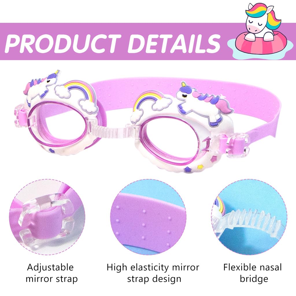 Proberos Kids Swimming Goggles, Grils Adjustable Strap Goggles for Swimming, Rainbow Horse Waterproof Swimming Goggles Swimming Goggles Anti-Fog, UV Protection for Kid(Age 3-10)