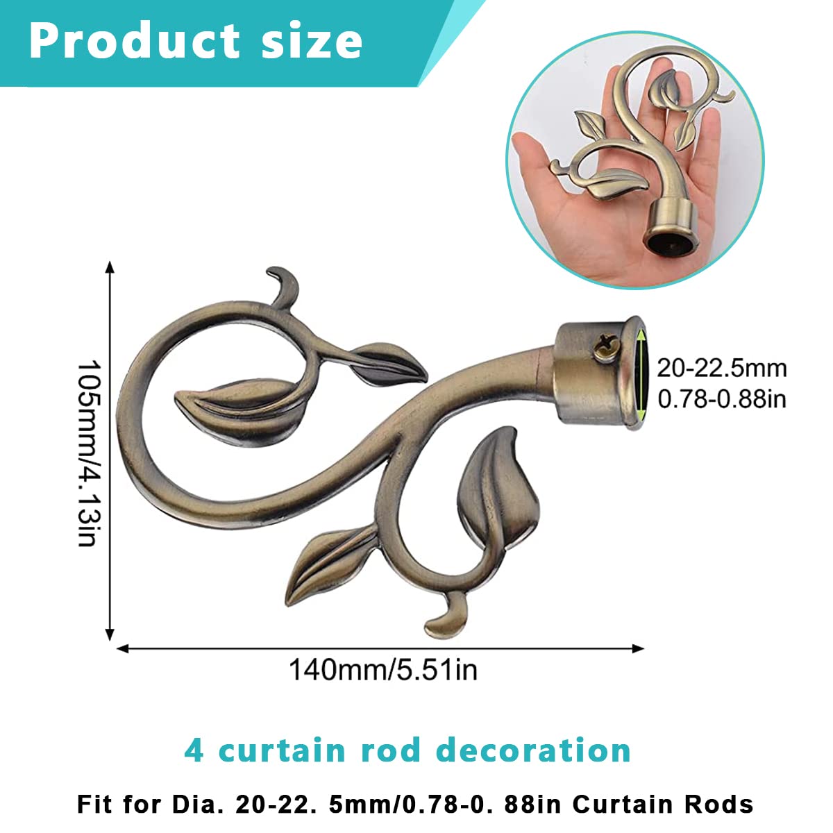 HASTHIP 4pcs Metals Decorative Curtain Drapery Rod/Pole Finials Ends for Dia.20-22.5mm Curtain Poles