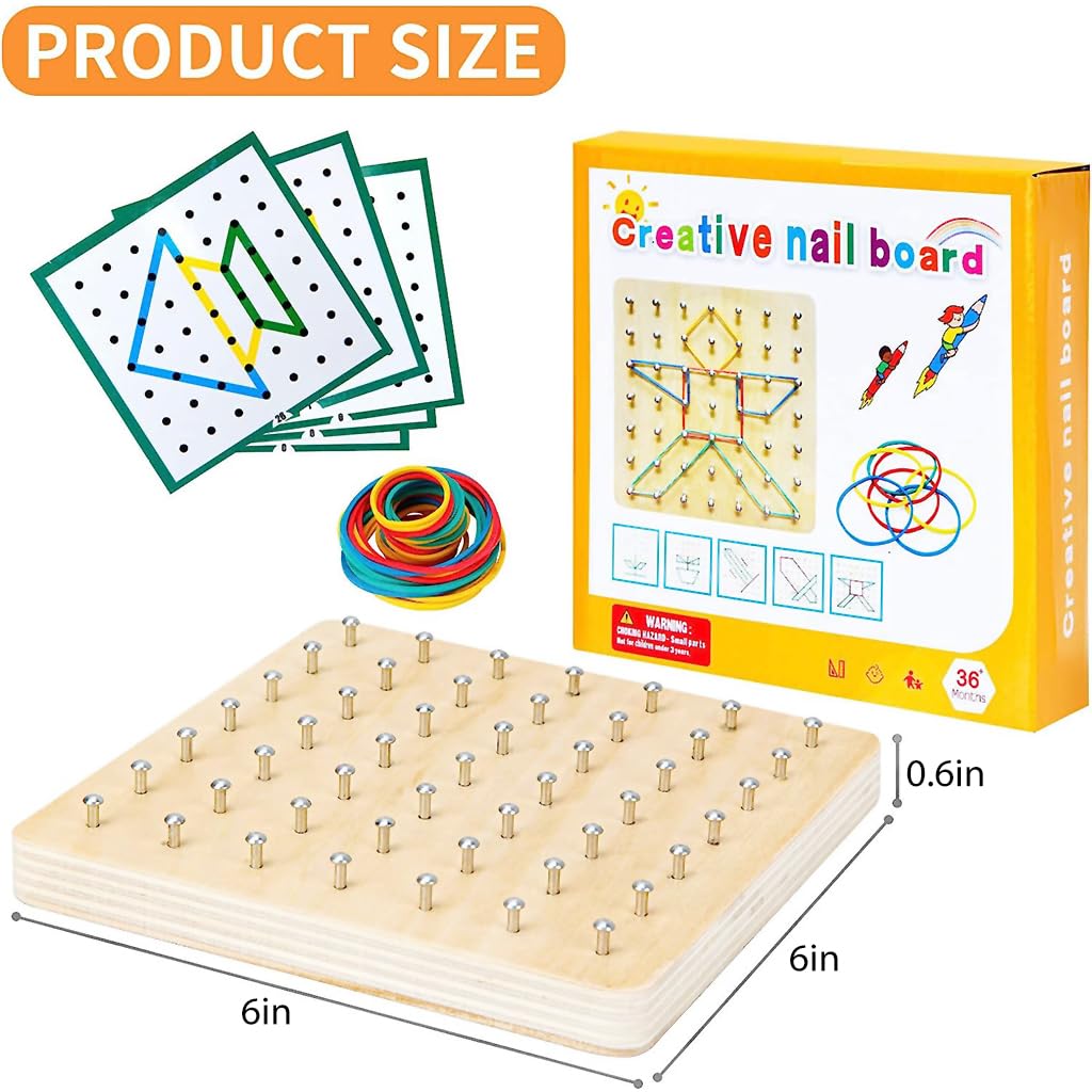 PATPAT Wooden Geoborad Wooden Toys for Kids Wooden Puzzles for Kids Montessori Toys, Portable Busy Board for Kids, Fine Motor Skill Toys for Kids, Wooden Game Board with Pattern Cards & Rubber Band
