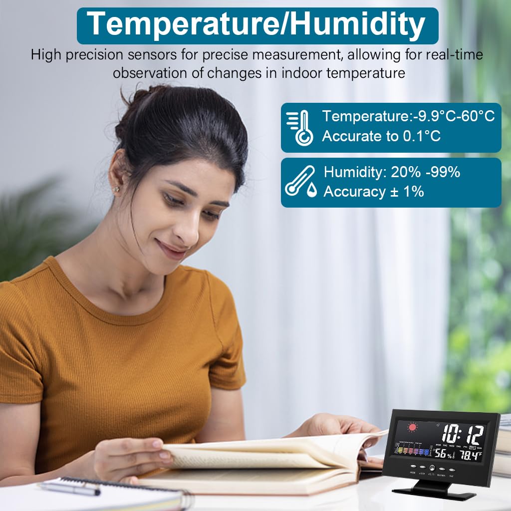 HASTHIP LCD Digital Thermometer Hygrometer Multifunctional Digital Thermometer Hygrometer with Alarm Clock, Weather Station USB Desk LCD Digital Thermometer Hygrometer for Home, Bedroom, Office