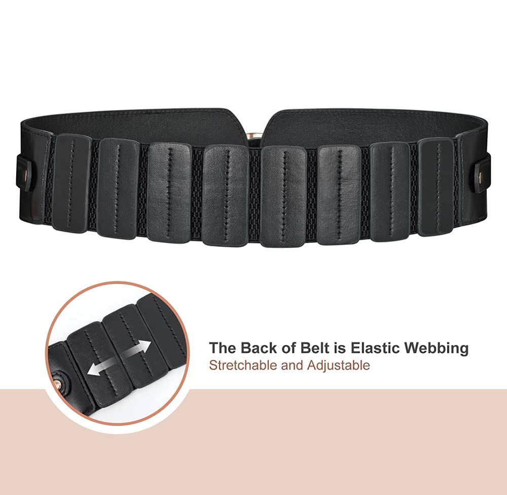 PALAY Black Belt for Women Dress Stretchy Fashion PU Leather Wide Waist Belt Vintage Metal Buckle Women Belts for Dress Blouse Blazer -Fit Waist 23-33