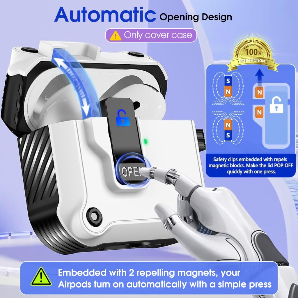ZORBES Skin Cover for AirPods 4th Gen Charging Case, TPU Anti-Scratch Case Cover with Safety Lock & Carabiner Fashion White Earbud Charging Case Cover, No Earbuds and Charging Case Included