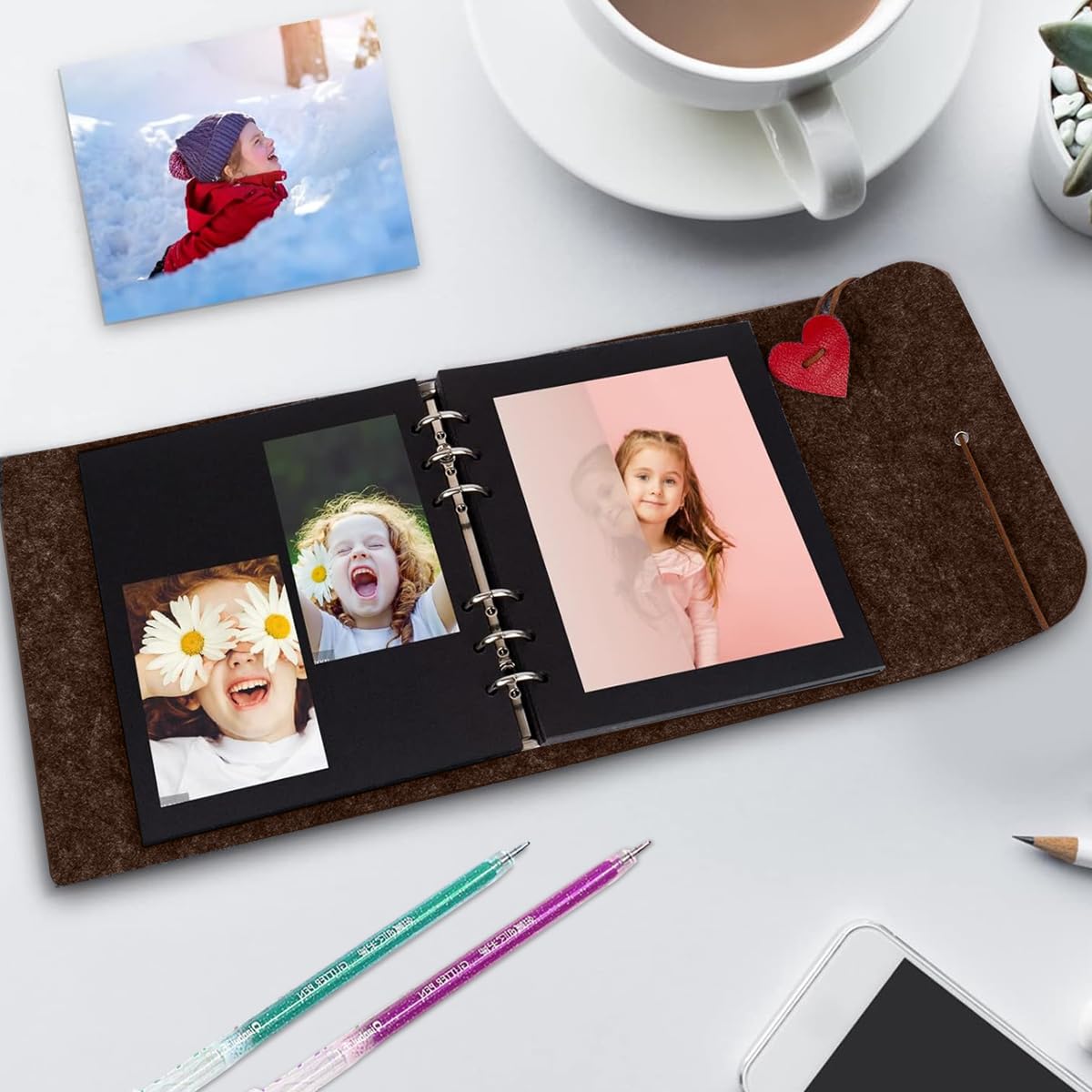 HASTHIP DIY Photo Album 60 Pages with Color Stickers, Metallic Pen, Red Heart Closure, Felt Cover for Family, Graduations, Weddings, Scrapbooking, Memory Keeping